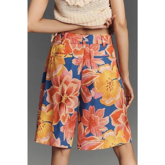 Farm Rio Linen Blend Waist Belted Floral Bermuda Shorts Women's Size XS Pink - Picture 2 of 4